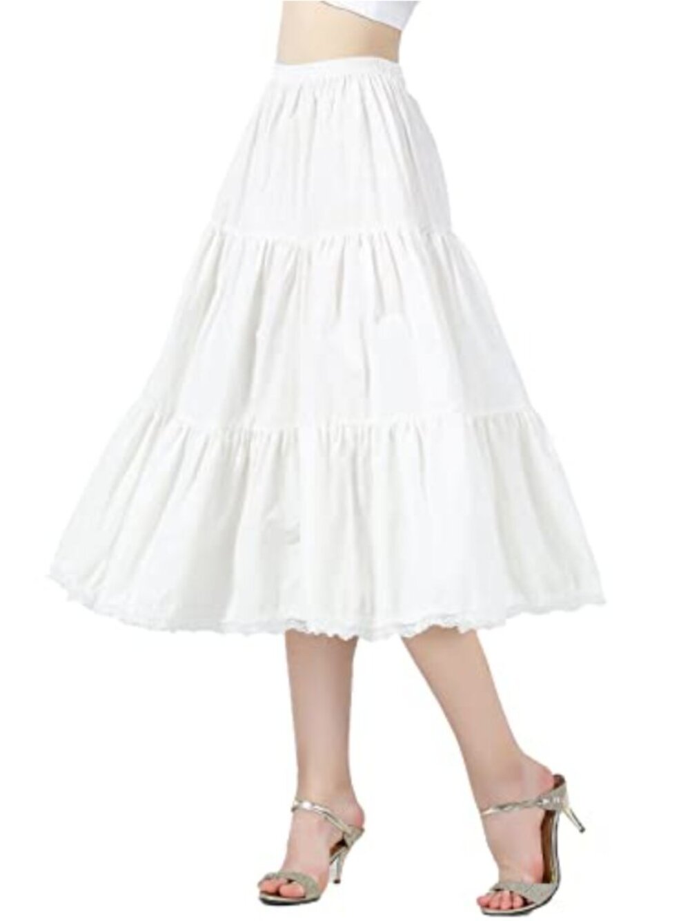 100% Cotton 3 Tiered A-Line Skirt Elastic Waist Midi Long